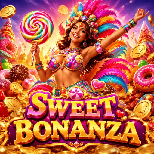 Grade colorida do Sweet Bonanza com frutas, doces e pirulitos scatter